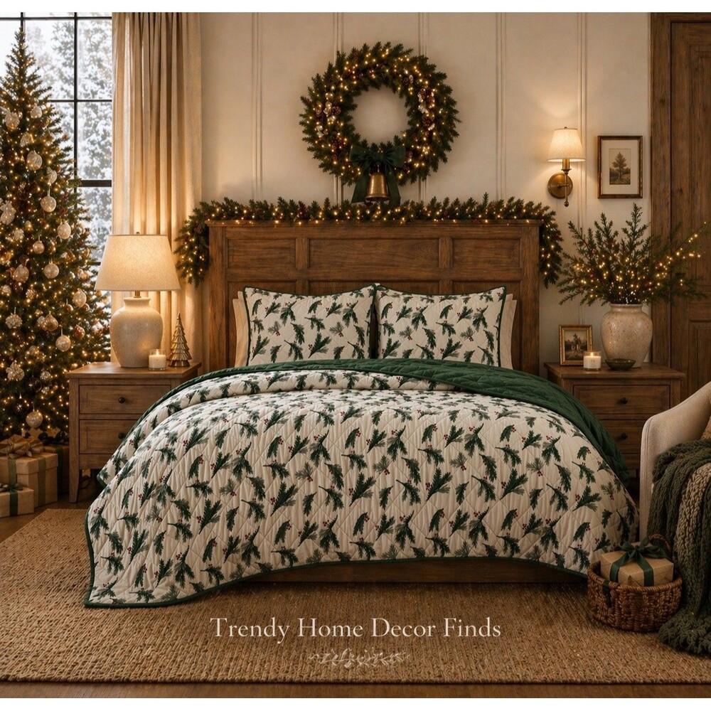 RARE Hallmark Queen Flannel Greenery Print Christmas Quilt Set Holiday NEW